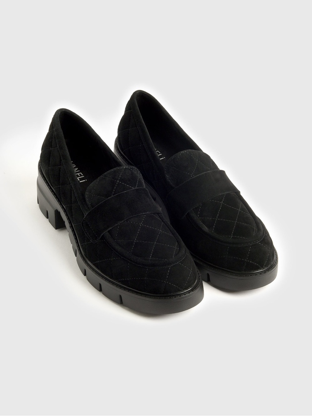 Vaneli Black Quilted Suede Lug Sole Loafers